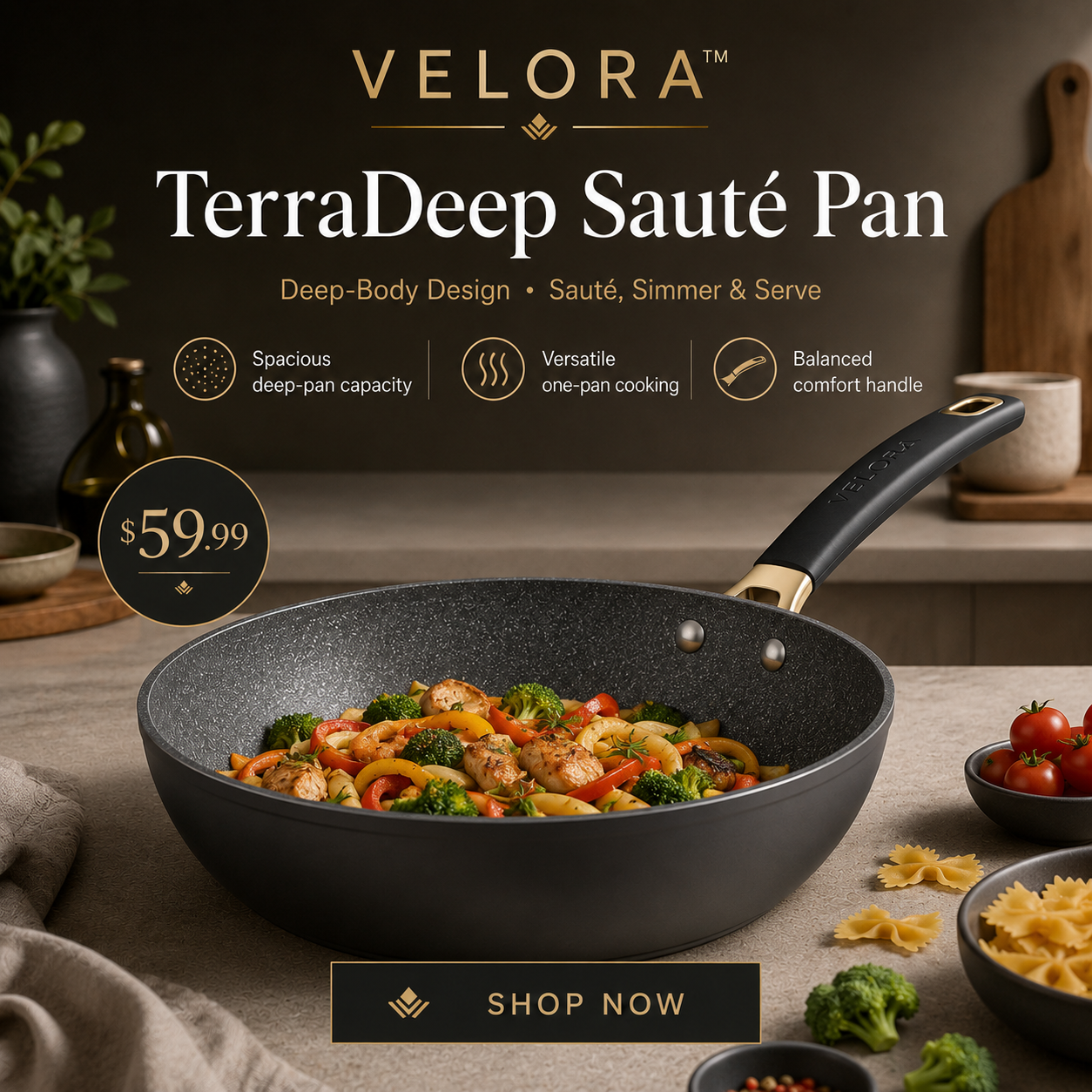 VELORA™ TerraDeep Sauté Pan – Deep Body Versatile Cooking Pan