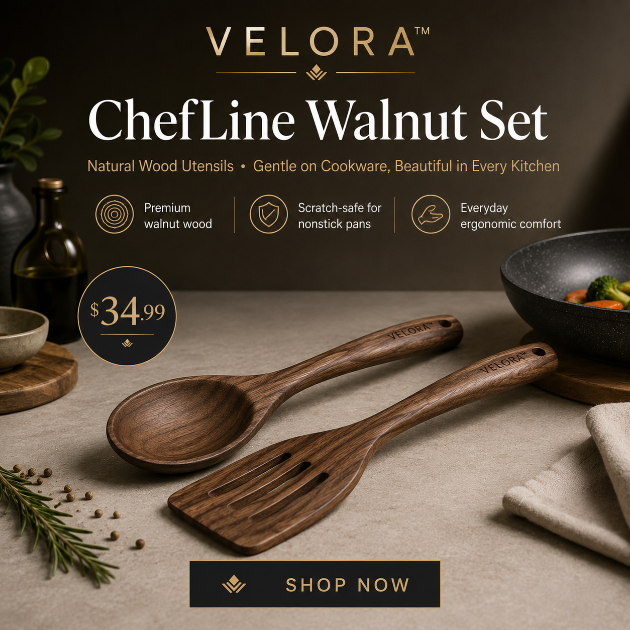 VELORA™ ChefLine Walnut Set – Natural Kitchen Essentials Collection